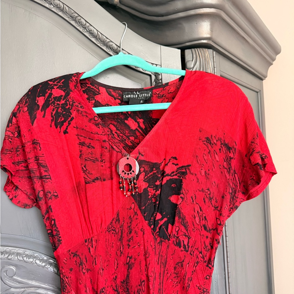 Carole Little Red and Black Abstract V-Neck Dress